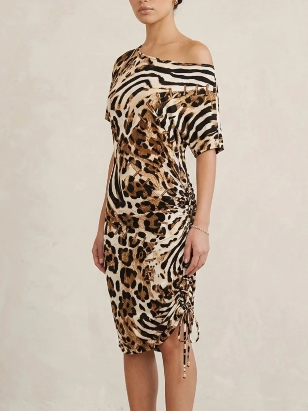 cache ruched dress CACHE Mixed Animal Print Asymmetrical Ruched Midi Dress Medium